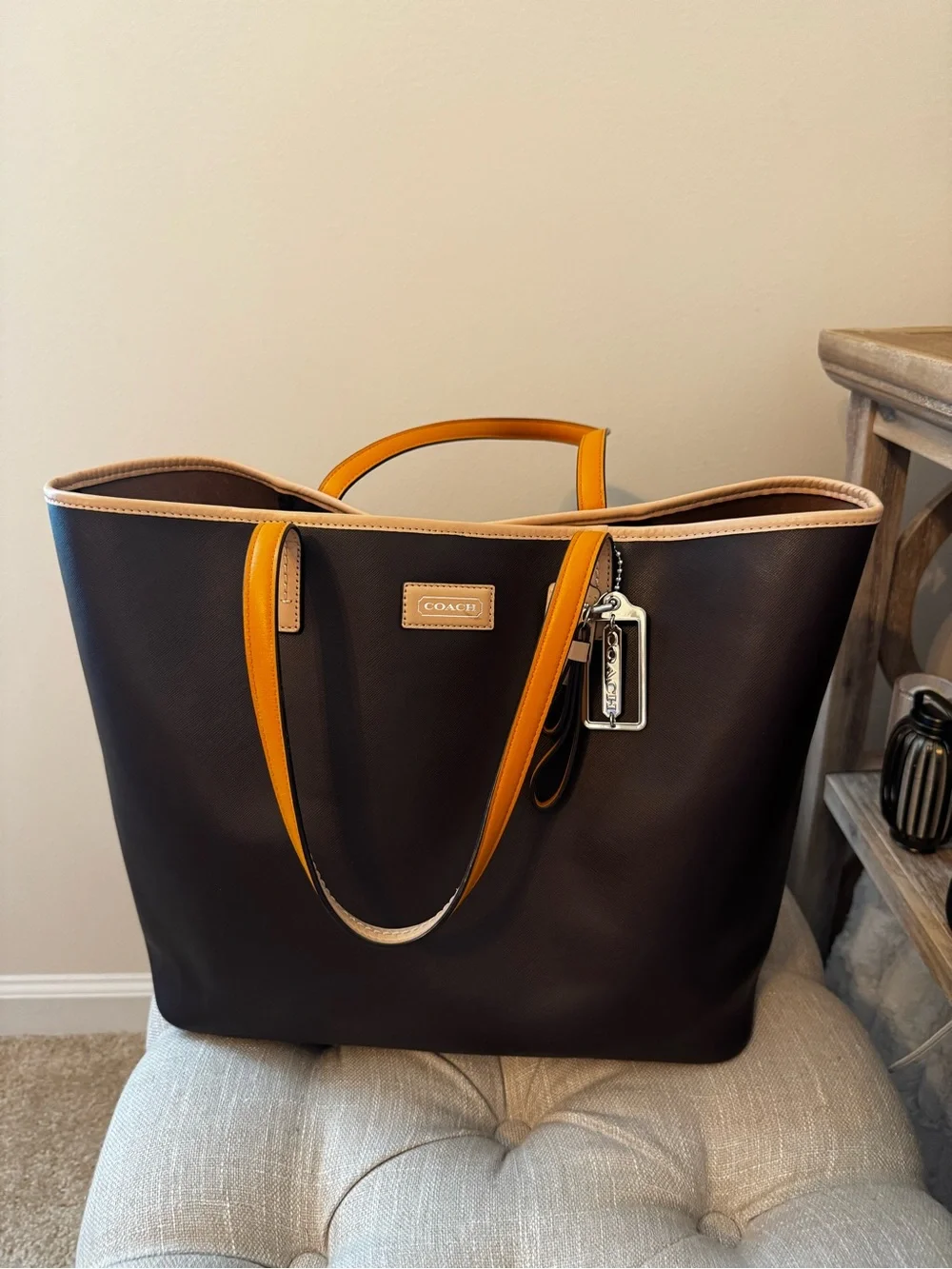 Coach Dark Brown Tote with Orange Trim and Handles